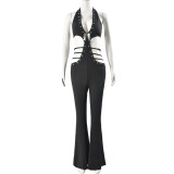 Women Sleeveless Lace Backless Bell Bottom Wide Leg Jumpsuit