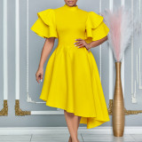 Summer Fashion Chic Bell Bottom Sleeve Solid Color Formal Party Bridesmaid African Dress