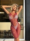 Plus Size Women Clothing Sexy Leopard Print Rhinestone Fishnet Hollow Bright Diamond Open Side Temptation Bodycon Dress Sexy Lingerie