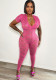 Women's Summer Solid Color Lace Patchwork Deep V-Neck Short Sleeve Tight Fitting Jumpsuit