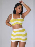 Summer Fashionable Contrasting Stripes Sexy Knitting High Waist Two Piece Skirt Set