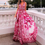 Women Sexy Printed Halter Neck Backless Maxi Dress