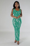 Summer Women's Zebra Print Sleeveless Hollow Long Dress