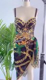 Women Printed Bikini Cover Up One Piece Swimwear Two Piece Set