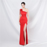 One Shoulder Beading Straps Flower Formal Dinner Wedding Gown Long Evening Dress