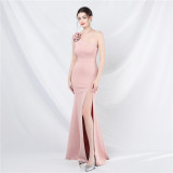 One Shoulder Beading Straps Flower Formal Dinner Wedding Gown Long Evening Dress