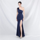 One Shoulder Beading Straps Flower Formal Dinner Wedding Gown Long Evening Dress