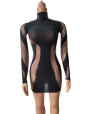 Spring Sexy Half Turtleneck Long-Sleeved Slim Hollow Knitting Mini Dress