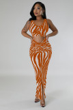 Summer Women's Zebra Print Sleeveless Hollow Long Dress