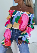 Off Shoulder Long Sleeve Printed Loose Women Casual Top