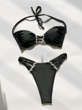 Women's Sexy Solid Color Lace-Up Low Back Bikini Swimsuit