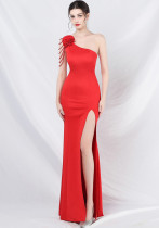 One Shoulder Beading Straps Flower Formal Dinner Wedding Gown Long Evening Dress One Shoulder Beading Straps Flower Formal Dinner Wedding Gown Long Evening Dress