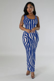 Summer Women's Zebra Print Sleeveless Hollow Long Dress
