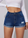 Women Ripped Denim Washed Stretch Ripped Denim Shorts