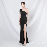 One Shoulder Beading Straps Flower Formal Dinner Wedding Gown Long Evening Dress