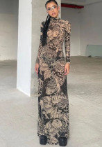 Sexy Fashion Printed Mesh Round Neck Long Sleeve Long Dress Sexy Fashion Printed Mesh Round Neck Long Sleeve Long Dress