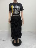 Drawstring Skirt Print T-Shirt Two Piece Set