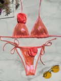 Women 3D Flower Bikini Halter Neck Lace-Up Two Pieces Swimsuit