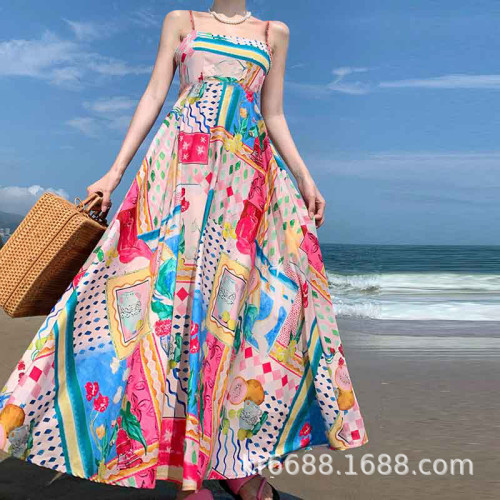 Women summer graffiti print sleeveless suspender Dress
