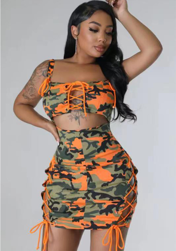 Women suspender strap camouflage dress