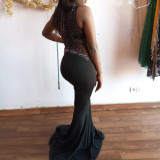 Women Sexy Beaded See-Through Patchwork Sleeveless Bodycon Dress