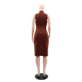 Women Round Neck Sleeveless Lace-Up Solid Patchwork Dress