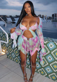 Women spring long-sleeved lace-up printed sexy irregular Top and Mini Skirt two-piece set