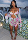 Women spring long-sleeved lace-up printed sexy irregular Top and Mini Skirt two-piece set