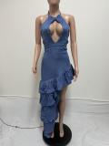 Fashion Halter Backless Irregular Ruffles Layer Dress