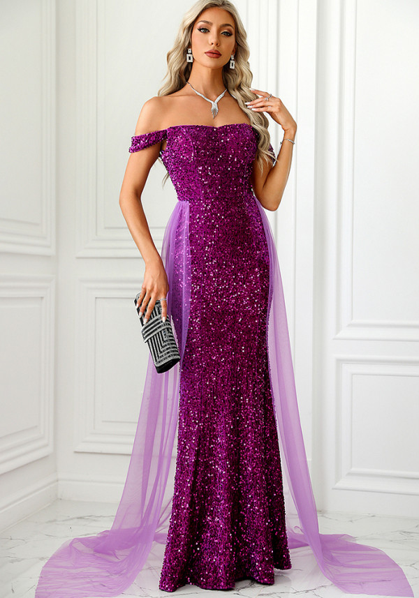 Women Off Shoulder Backless mesh Maxi Evening Dress