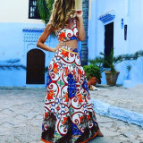 Women Sexy Chic Suspender Printed Top And Beach Skirt Two-Piece
