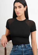 Women Casual Solid Mesh Patchwork Short Sleeve T-Shirt