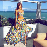 Women Sexy Chic Suspender Printed Top And Beach Skirt Two-Piece