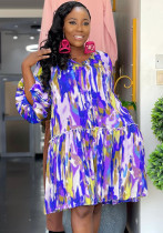 Women Sexy Printed Patchwork Lace V-Neck Balloon Sleeve Dress Women Sexy Printed Patchwork Lace V-Neck Balloon Sleeve Dress