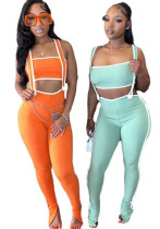 Women Stretch Ribbed Sexy Chest-Wrapped Top Overalls Two-piece Set Women Stretch Ribbed Sexy Chest-Wrapped Top Overalls Two-piece Set