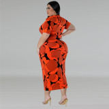 Plus Size Women Button Turndown Collar Short Sleeve Maxi Dress