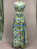 Women Sexy Chic Suspender Printed Top And Beach Skirt Two-Piece