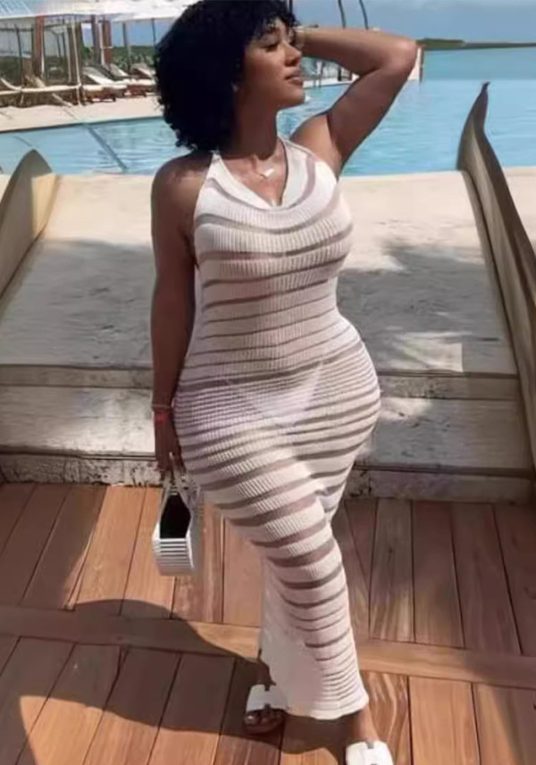 Women lace-up Halter Neck Backless sexy knitting beach suspender Maxi Dress