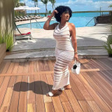 Women lace-up Halter Neck Backless sexy knitting beach suspender Maxi Dress