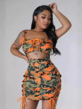 Women suspender strap camouflage dress