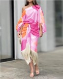 Women Printed Lantern Sleeve Loose Top and Fringed Skirt Two-piece Set