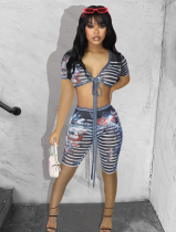 Women's See-Through Print Mesh Lace-Up Short-Sleeved Top Shorts Two-Piece Set Women's See-Through Print Mesh Lace-Up Short-Sleeved Top Shorts Two-Piece Set