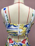 Women Sexy Chic Suspender Printed Top And Beach Skirt Two-Piece