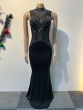 Women Sexy Beaded See-Through Patchwork Sleeveless Bodycon Dress