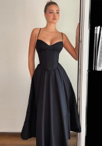 Chic Solid Color Black Strap Slim A-Line Long Dress Chic Solid Color Black Strap Slim A-Line Long Dress