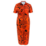 Plus Size Women Button Turndown Collar Short Sleeve Maxi Dress