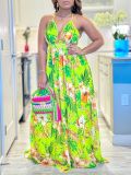 Summer Fashionable Chic V-Neck Strap Printed Beach Long Sexy Dress