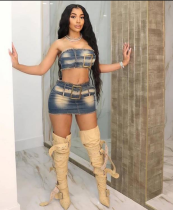 Summer Strapless Belt Elastic Denim Skirt Set