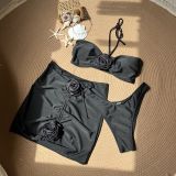 Sexy Flower Strap Solid Color Bikini Skirt Three-Piece Swimsuit