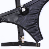 Punk Style Black Pu Leather Metal 3-Piece Sexy Lingerie Set